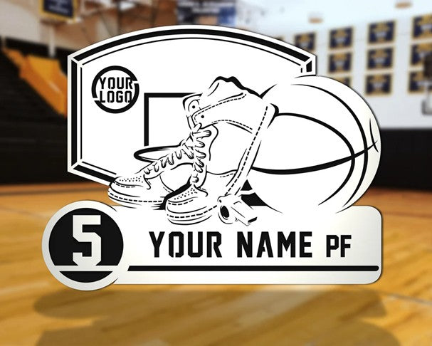 Basketball-themed design with shoes, basketball, and customizable text on a blurred basketball court background.