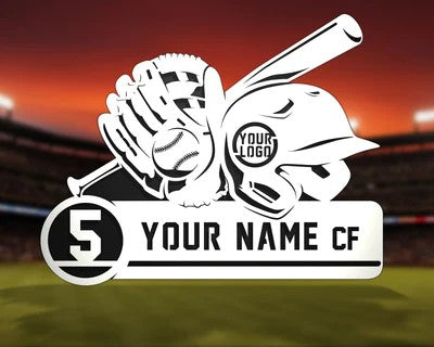 Baseball-themed logo with customizable text on a sports field background