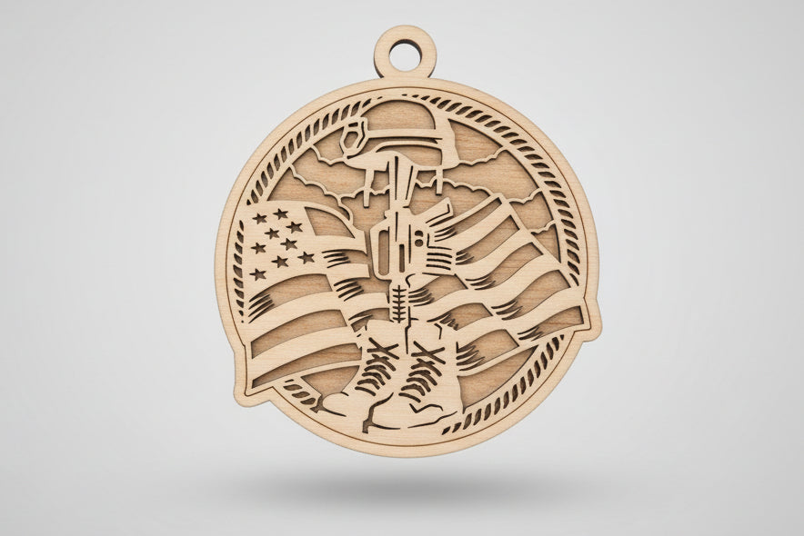 Wooden pendant with intricate cut-out design on a wooden surface