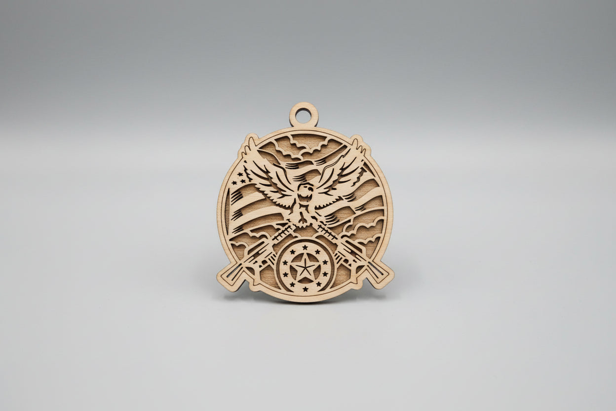 Wooden ornament with eagle design on a wooden surface