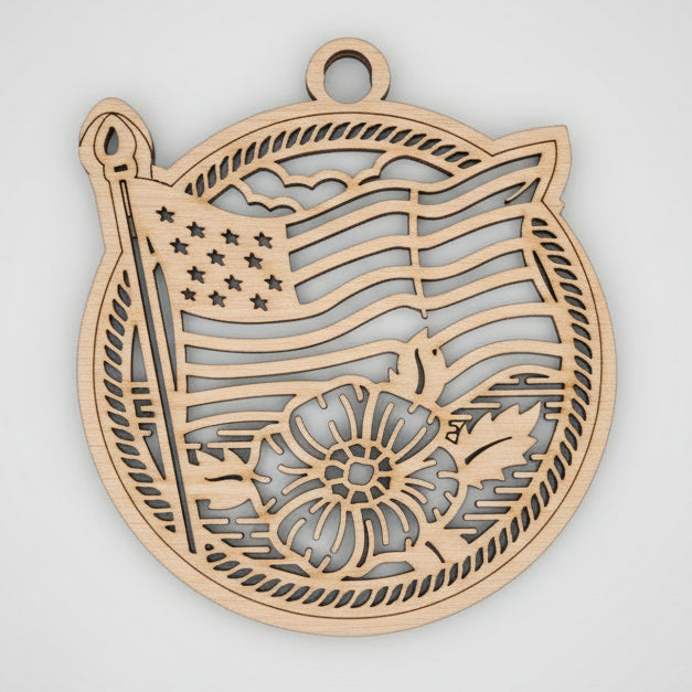 Wooden ornament with intricate cut-out designs on a wooden surface