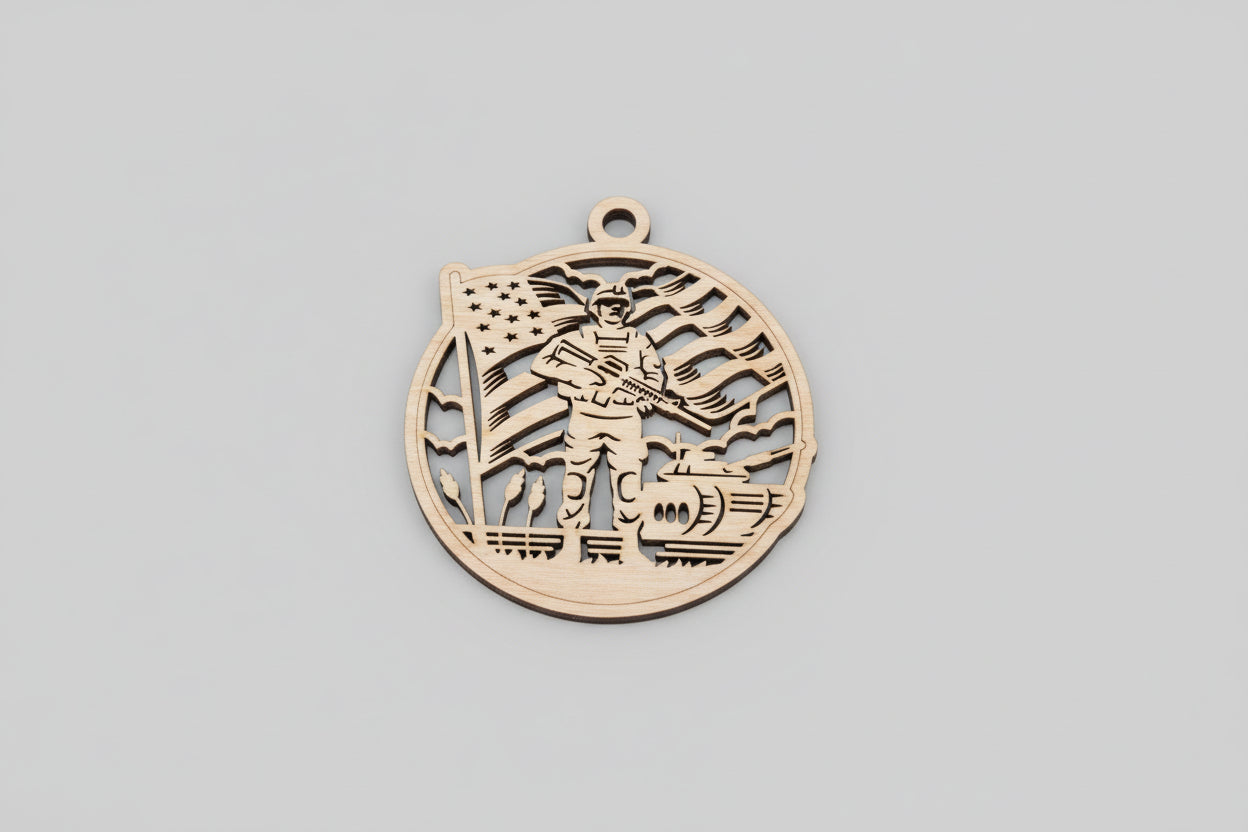 Wooden ornament with laser-cut design of a soldier and flag on a wooden surface