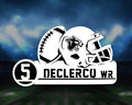 Football helmet with a panther logo and the text '5 Declercq WR' on a blurred stadium background.