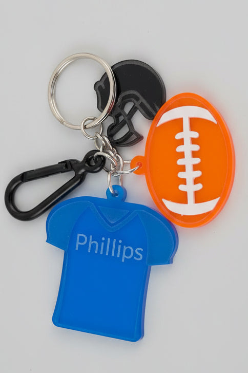 Keychain with football design and Name on Jersey