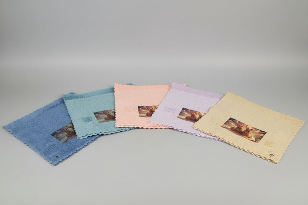 Set of fabric mircofiber towels with printed images of a rabbit
