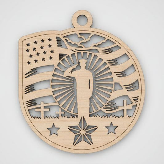 Wooden pendant with intricate cut-out design on a wooden surface